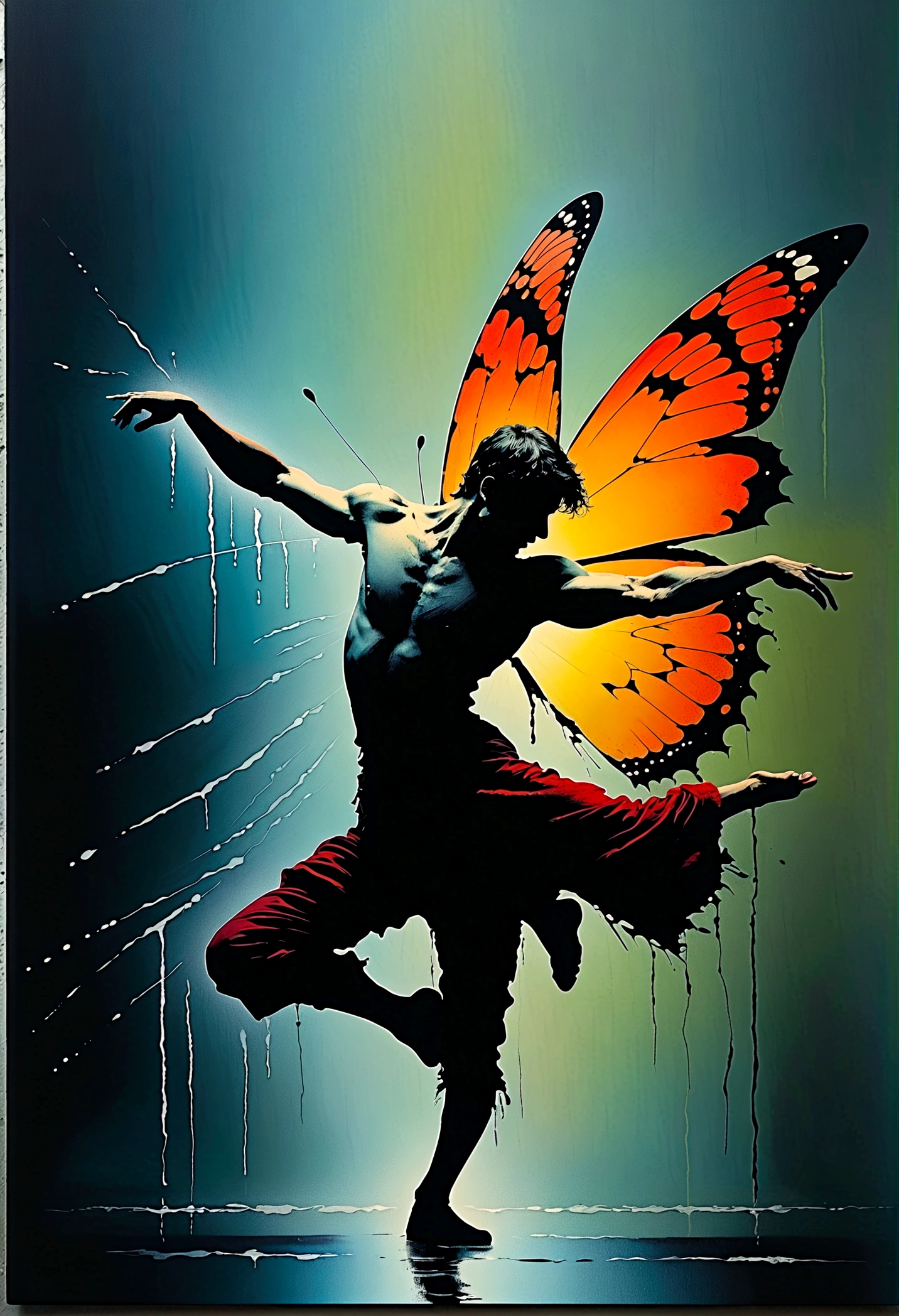 Soul Dancer Mark,A homeless man dancing alone in the rain,soul,Barefoot,Loose and worn clothes,Professional ballet movements,Fingertips 1 butterfly,Very contagious,Splash,Light and Shadow,Minimalism,artistic conception,Clean background
