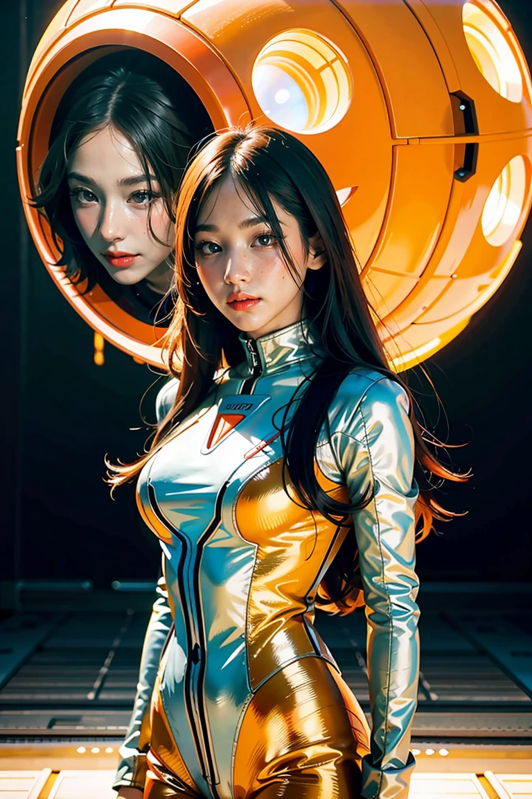 arafed image of a woman in a futuristic suit with a spaceship in the background, movie art, in front of an orange background, inspired by Robert McGinnis, female protagonist, megastructure in the background, portrait of an ai astronaut, astronauts, an astronaut, portrait of a astronaut skeletor, perfect android girl, frank franzzeta and sakimichan  