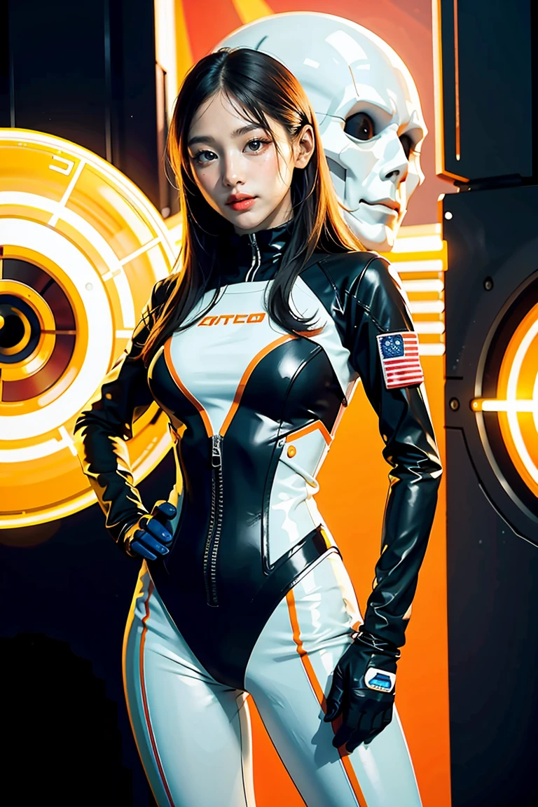 arafed image of a woman in a futuristic suit with a spaceship in the background, movie art, in front of an orange background, inspired by Robert McGinnis, female protagonist, megastructure in the background, portrait of an ai astronaut, astronauts, an astronaut, portrait of a astronaut skeletor, perfect android girl, frank franzzeta and sakimichan  