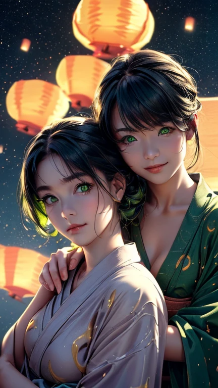 nsfw, Masterpiece, top quality, highly detailed, (Photorealistic style:1.4), Chiaroscuro style, backlighting, 2 girls, A lesbian couple in yukata, (Hug from behind, and put hand on bust, bust shot:1.6), looking at the camera with a smile, (A close-up of their beautiful faces, green eyes:1.8), (Lots of fireworks all over the sky, Many Lanterns floating in the sky, big shining milky way:1.4),
