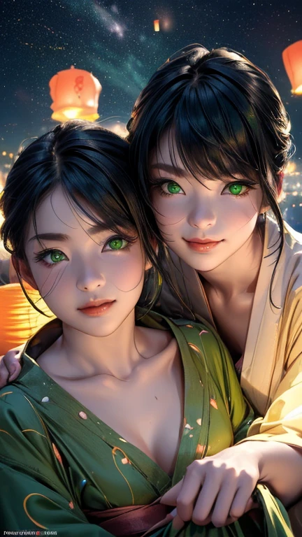 nsfw, Masterpiece, top quality, highly detailed, (Photorealistic style:1.4), Chiaroscuro style, backlighting, 2 girls, A lesbian couple in yukata, (Hug from behind, and put hand on bust, bust shot:1.6), looking at the camera with a smile, (A close-up of their beautiful faces, green eyes:1.8), (Lots of fireworks all over the sky, Many Lanterns floating in the sky, big shining milky way:1.4),