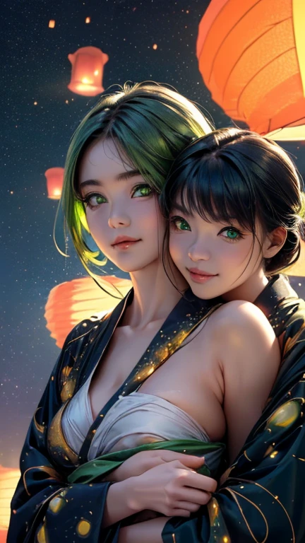 nsfw, Masterpiece, top quality, highly detailed, (Photorealistic style:1.4), Chiaroscuro style, backlighting, 2 girls, A lesbian couple in yukata, (Hug from behind, and put hand on bust, bust shot:1.6), looking at the camera with a smile, (A close-up of their beautiful faces,  green eyes:1.8), (Lots of fireworks all over the sky, Many Lanterns floating in the sky, big shining milky way:1.4),