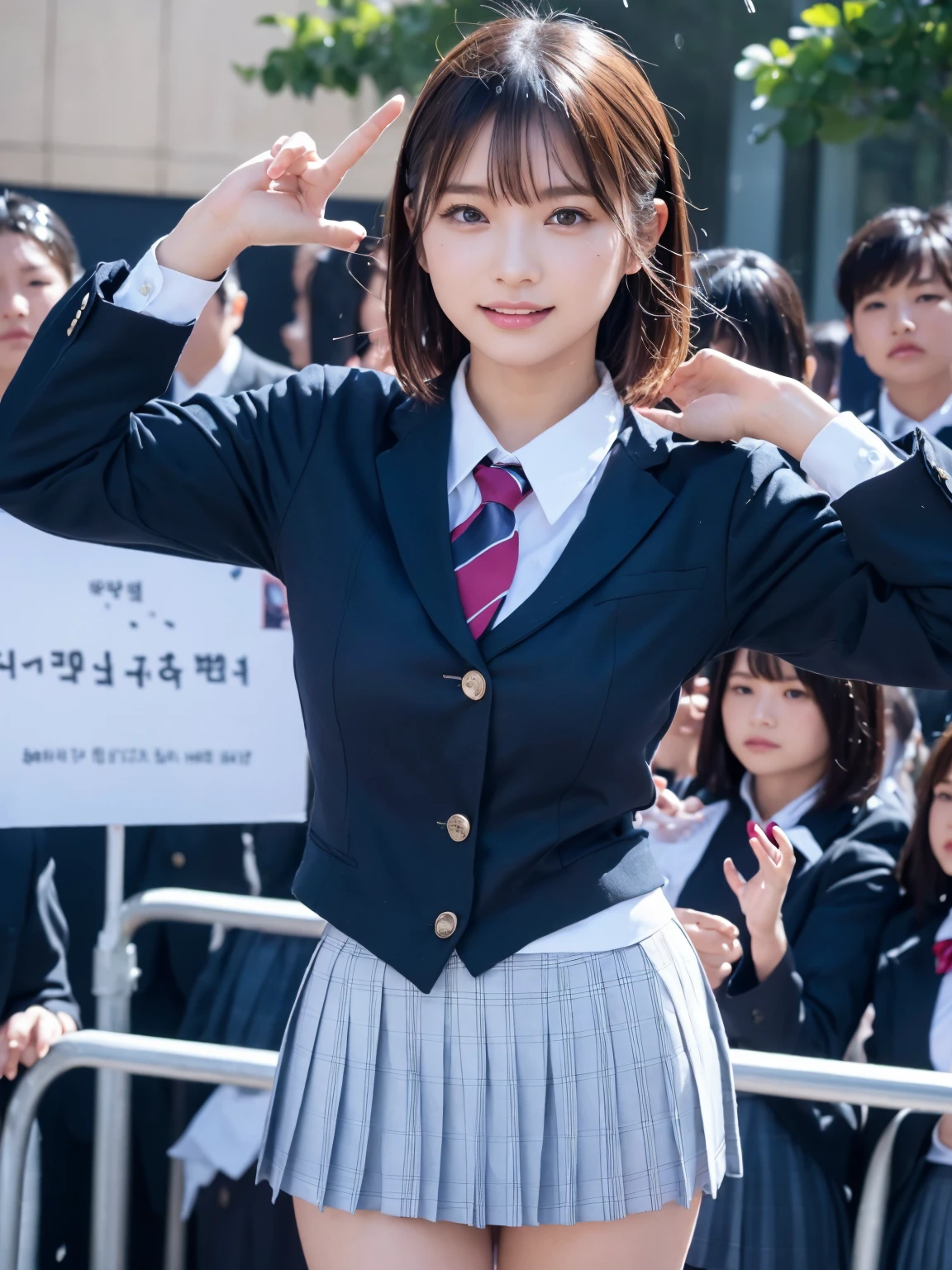 Tabletop, Highest quality, Japanese Girls,One Girl, 8K, RAW Photos, Highest quality, Tabletop, んdebtdebt:1.2, Highly detailed RAW color photos, Professional photos, (Realistic, Realistic:1.37), (Highly detailed skins:1.2), Ultra-high resolution, (Lenz 50mm), (debt/1.2),Exquisitely drawn eyes,Gazing at the audience,
Breaking up with a girl (Many elderly people:1.4), Beautiful Face, cute,(smile:1.05),(20-year-old, Big Breasts, Wide Hips,Straight hair, (short hair), iris, white and fine-grained skin,Small Mouth, high cheekbones (meaning), Sexy pose,Leaning forward,(The to the debtW:1.1),White panties、Korean Idol、Nogizaka idol、Burning idol pose、Adult、、(Tabletop, Highest quality:1.3), (Ultra-fine 8K CG:1.2), (超Realisticな:1.35), (Realistic:1.45), (Realistic:1.4), Cowboy Shot,
Beautiful Japanese Women, 22 years old, Supermodel, Japanese Idols, __performance__, Big Breasts, (school uniform:1.4)、 [ponytail],,front-facing,Cowboy Shot,In the Rain((dance:1.3))