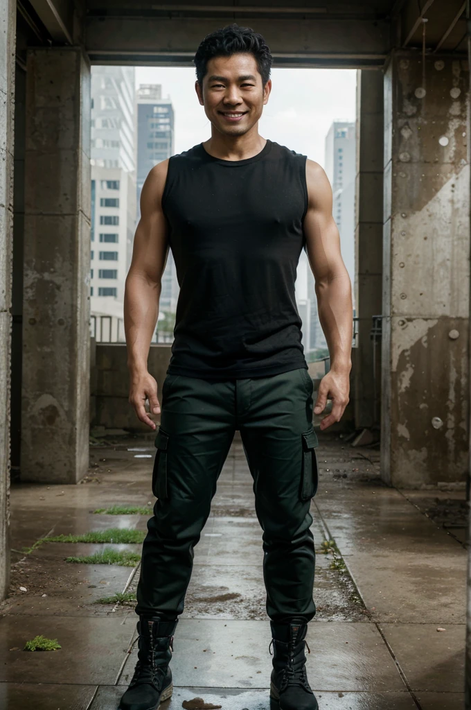 HD PIC, ULTRA REALISTIC, REAL PIC, 8K 
 real pic, HD pic, 8k 
 Asian man, 36 years old, curly hair wearing black t-shirt, green cargo pants, boots, smiling expression double exposure steel tank battlefield city ruins, plain white background 
 HD pic, ultra realistic, 8k, very realistic