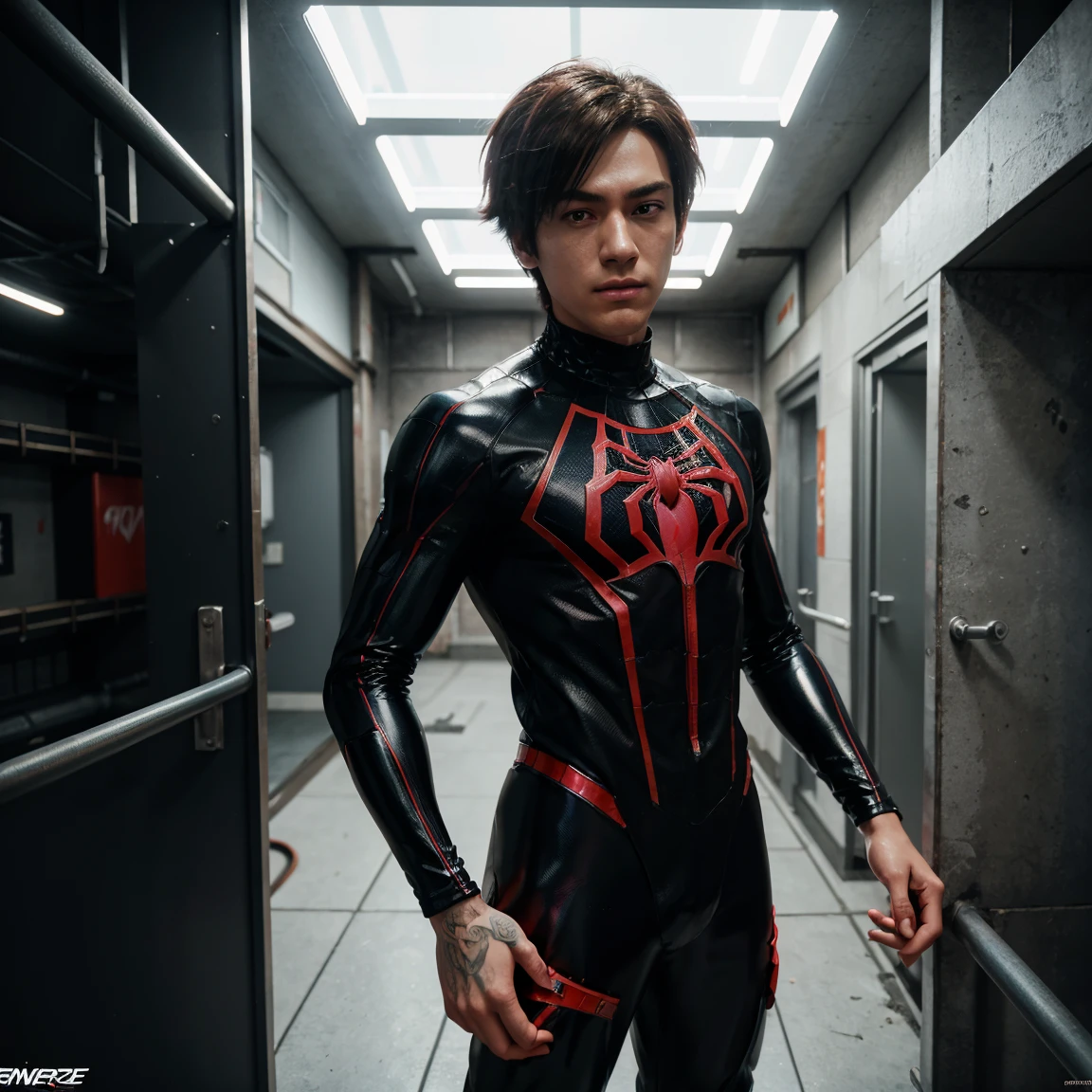 Spider verse male character, realistic anime style, stuck in building trap, 4k detail, realistic character, metallic accents, outrun, hyper-realistic pop, angelcore --ar 73:128 --stylize 750 --niji 6