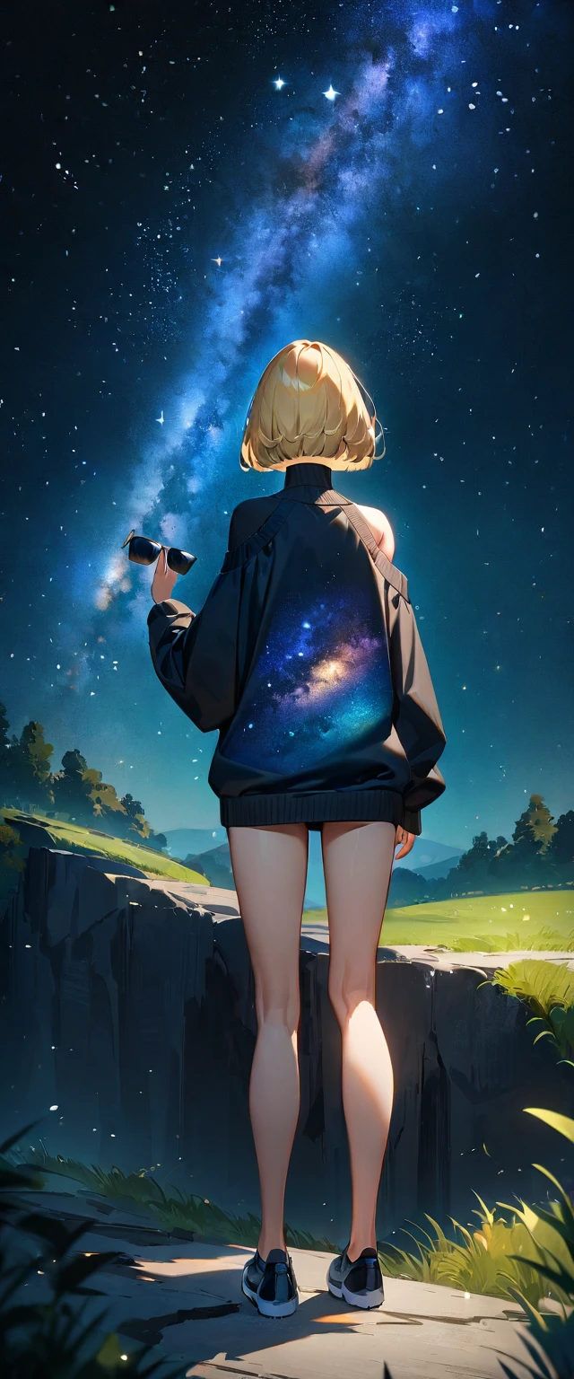 (((a beautiful starry sky, the Milky Way shining beautifully in the night))), ((bare legs)), ((())), ((Aran sweater)), ((((from back)))), upper body, ((standing on the very high cliff)), wavy hair, inward curled hair, grass field, (((wide shot, full body))), ((blond hair, bob cut:1.3)), breasts, ager, (looking at another), oversized clothes, puffy long sleeves, ((off-shoulder sweater:1.3, Quite thick shoulder straps)), ((black sweater)), collarbone, head tilt:1.3, (((blue eyes))), happy smile, (((anime style))), (best quality, 4K, 8K, highres, masterpiece:1.2, ultra-detailed, ultra-detailed eyes, HDR, uhd, studio lighting, ultra-fine painting, sharp focus, physically-based rendering, extreme detail description, professional, vivid colors, bokeh)