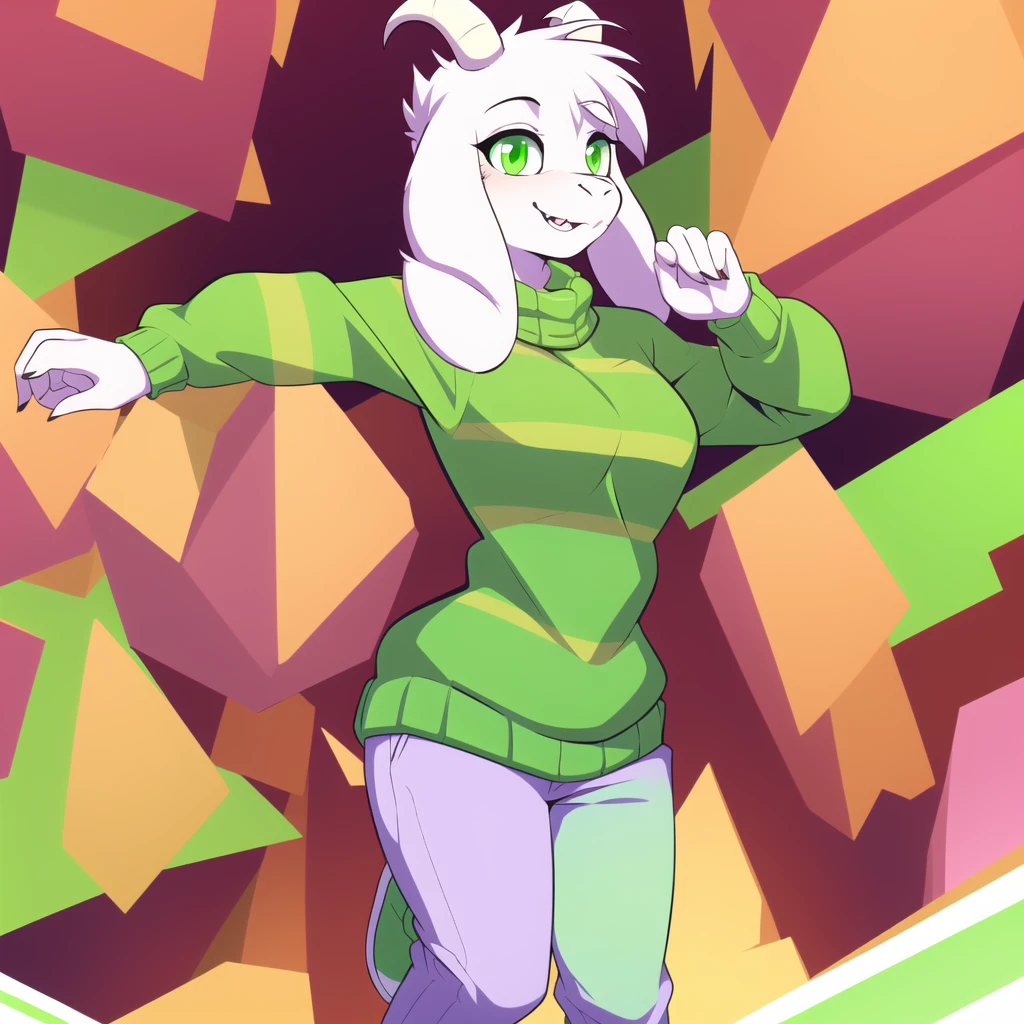 (best quality, masterpiece:1), furry female anthro asriel goat girl, solo, standing pose, female sexy body, (green striped sweater:1.1), white goat horns, (red pants:1.2), green eyes, smile, looking at viewer, (abstract background:1.0), 