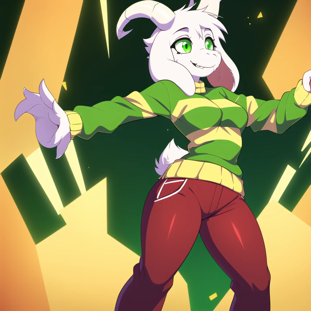 (best quality, masterpiece:1), furry female anthro asriel goat girl, solo, standing pose, female sexy body, (green striped sweater:1.1), white goat horns, (red pants:1.2), green eyes, smile, looking at viewer, (abstract background:1.0), 