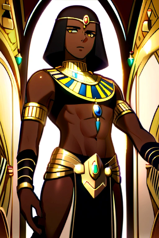 An Egyptian with black hair brown skin, golden eyes wearing a pharaoh clothes