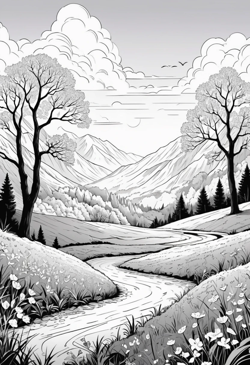 Vector Art, Flattening, black and white smooth line art, Minimalism, graphic design aesthetics, flat illustration, (masterpiece, best quality, perfect composition, very aesthetic, absurdres, ultra-detailed, intricate details, Professional, official art, Representative work:1.3) Nature Scene
