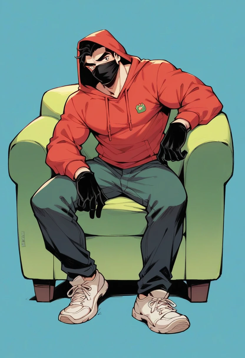 A guy wear red hoodie black jogger and white shoes he wear black gloves he wear black mouth mask blue background green sofa