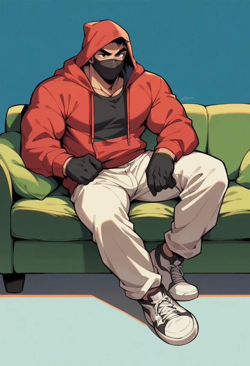 A guy wear red hoodie black jogger and white shoes he wear black gloves he wear black mouth mask blue background green sofa