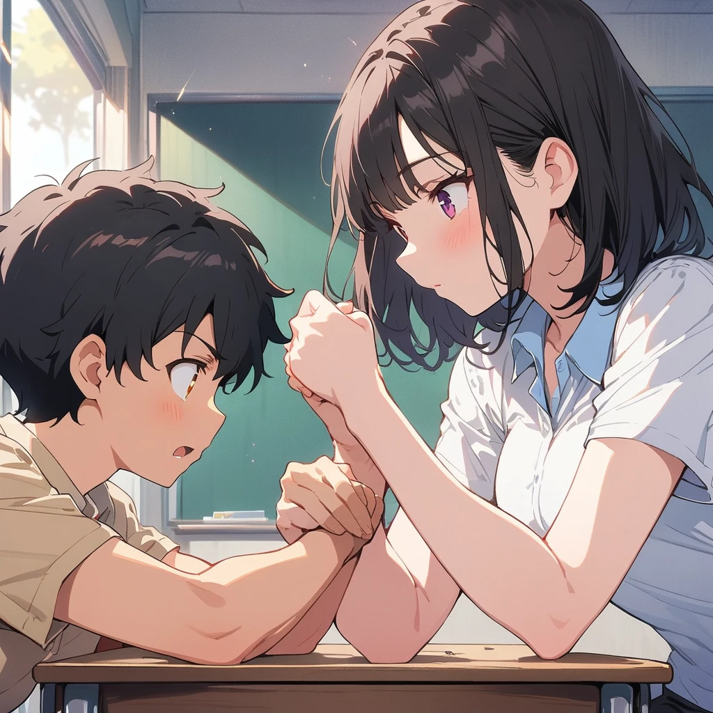1 Girl、(Black Hair、short hair:1.2)、(high school student、uniform)、(Do arm wrestling:1.6)、Brave look、School classroom、(Highest quality、masterpiece、High resolution、detailed)animeスタイル、Flat Style、(Shining Eyes、detailed美しい顔), break,anime