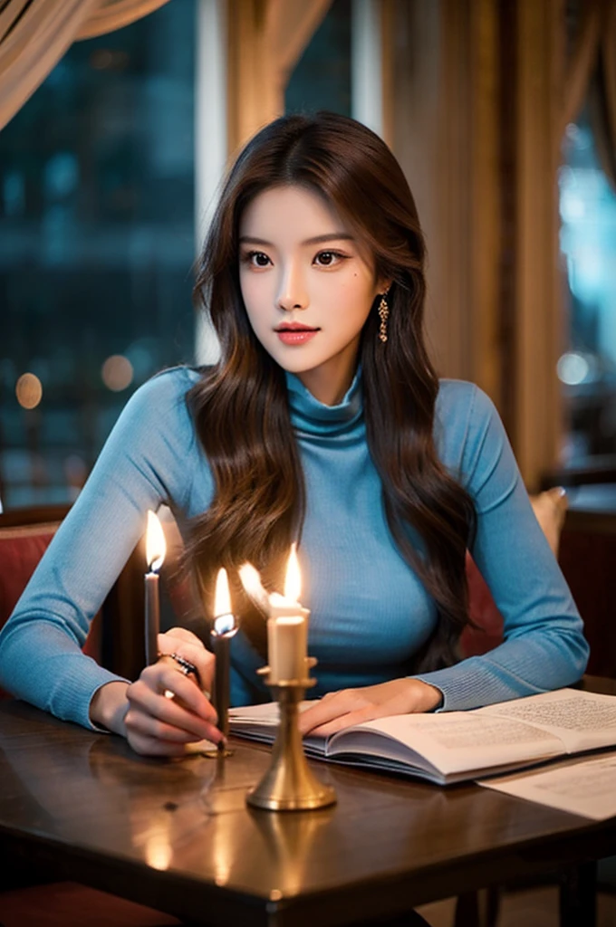 Generate an image of a breathtaking 20-year-old Asian woman whose beauty is comparable to a goddess of the fire element. She has large brown eyes, dark brown hair, radiant skin, and an appealing look. Dressed in a stunning top and blue skinny jeans, she is seated elegantly at a romantic dining table. The ambiance is intimate with soft lighting, candles, and a beautifully set table.