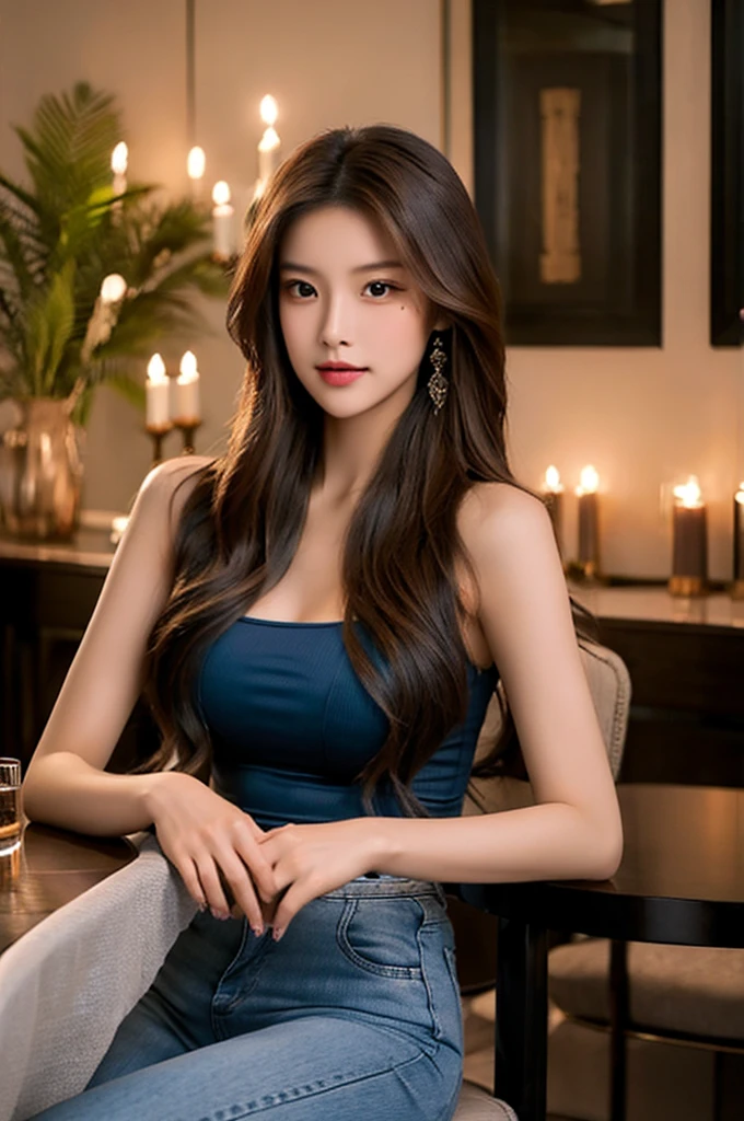 Generate an image of a breathtaking 20-year-old Asian woman whose beauty is comparable to a goddess of the fire element. She has large brown eyes, dark brown hair, radiant skin, and an appealing look. Dressed in a stunning top and blue skinny jeans, she is seated elegantly at a romantic dining table. The ambiance is intimate with soft lighting, candles, and a beautifully set table.