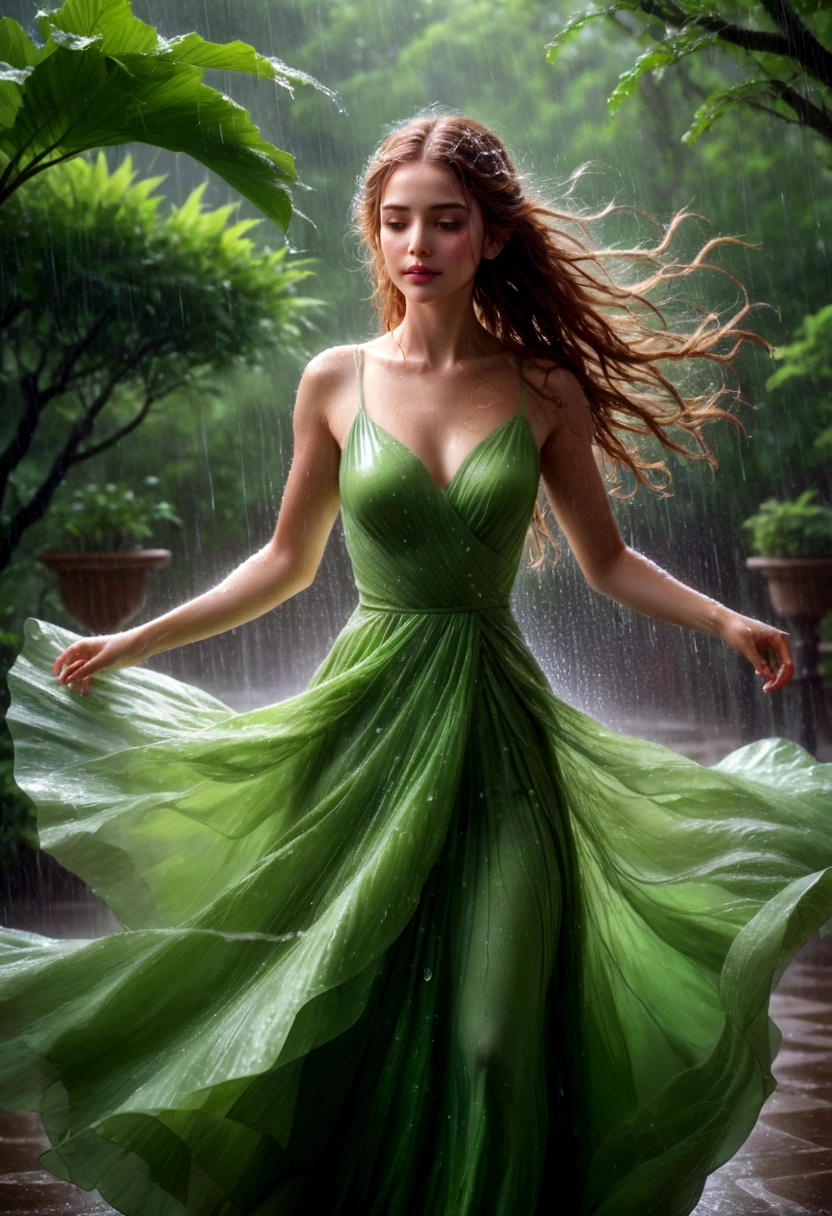 1girl, Dancing in the Rain, A woman dancing in the rain, elegant and graceful, raindrops sparkling on her skin, long flowing dress billowing in the wind, serene expression, peaceful atmosphere, natural lighting, lush green foliage in the background, moody and atmospheric, ethereal and dreamlike, cinematic composition, high-quality detailed rendering, 8k, hyper-detailed, masterpiece, best quality, very aesthetic, absurdres