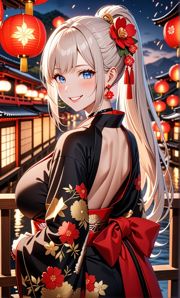 ultra-detailed, ((one girl)),  hyper detailed, absurdres, 8K, Beautiful Face, Woman in black kimono, (Laugh shyly), ((teasing smile:1.8)), ((Wink:1.7)), (Laugh with your mouth wide open),(Tilt your head:1.3), View your viewers, ((Bright red cheeks:1.6)),Glossy Red Lips, ((Big Breasts:1.5)), (valley),night, You can see the sea horizon,On Bridge, firework, (Brighten your face), Woman in black kimono, ((Anime style background)),masterpiece, Highest quality, so beautiful,Latest, Complex details, (Pink long nails), (nail art), (ring),(bracelet), (Floral Choker),AI-generated, Complex,High resolution, Highest quality, super high quality,3D Images、3D Images,One person,((Long white hair)),(High Ponytail), Anime woman posing for a photo, ((Fine grain、blue eyes、glowing eyes:1.5)), (Squint your eyes:1.1),a hyperRealistic , hyperRealistic , Realistic,  White long hair anime woman, Smooth anime CG art, A girl in a gorgeous kimono with gold embroidery, ((black furisode:1.5),(Red large floral pattern) ,Long flower hair ornament,Floral Earrings,Mature Body, tall,Abdominal muscles,Narrow waist, ((arched back:1.9)), (front view), 