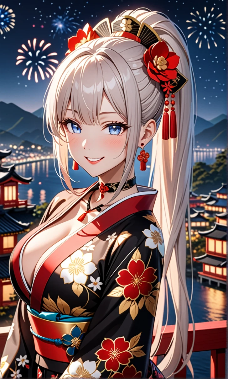 ultra-detailed, ((one girl)),  hyper detailed, absurdres, 8K, Beautiful Face, Woman in black kimono, (Laugh shyly), ((teasing smile:1.8)), ((Wink:1.7)), (Laugh with your mouth wide open),(Tilt your head:1.3), View your viewers, ((Bright red cheeks:1.6)),Glossy Red Lips, ((Big Breasts:1.5)), (valley),night, You can see the sea horizon,On Bridge, firework, (Brighten your face), Woman in black kimono, ((Anime style background)),masterpiece, Highest quality, so beautiful,Latest, Complex details, (Pink long nails), (nail art), (ring),(bracelet), (Floral Choker),AI-generated, Complex,High resolution, Highest quality, super high quality,3D Images、3D Images,One person,((Long white hair)),(High Ponytail), Anime woman posing for a photo, ((Fine grain、blue eyes、glowing eyes:1.5)), (Squint your eyes:1.1),a hyperRealistic , hyperRealistic , Realistic,  White long hair anime woman, Smooth anime CG art, A girl in a gorgeous kimono with gold embroidery, ((black furisode:1.5),(Red large floral pattern) ,Long flower hair ornament,Floral Earrings,Mature Body, tall,Abdominal muscles,Narrow waist, ((arched back:1.9)), (front view), 