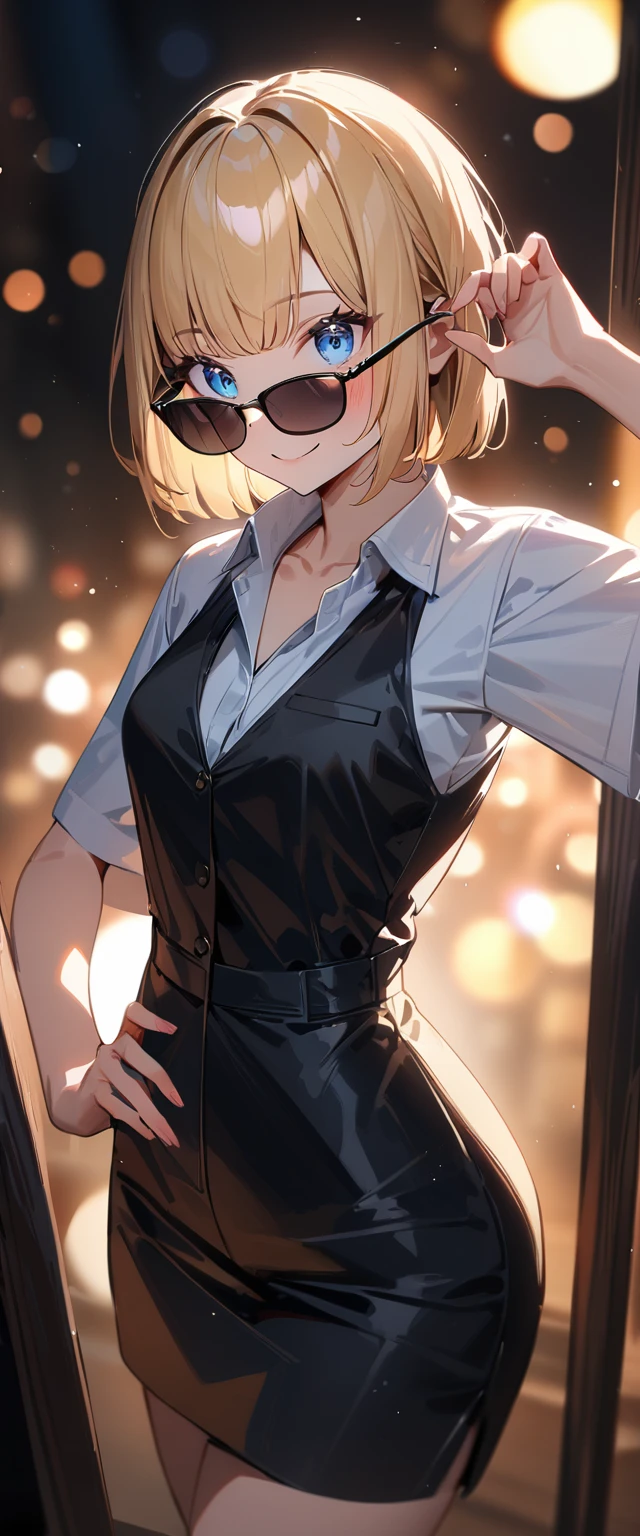 (((One Girl))), Blonde, Bobcut, (Cowboy Shot), ((sunglasses, hand to sunglasses)), (View your viewers), Focus on the face, ager, Tilt your head:1.3, (((blue eyes))), ((Smile)), ((blush)), Contrasting, Place one hand on hip, (((Exposed clothing))), School summer clothes, (((Open collar))), White shirt, ((Formal clothing)), skirt, Black vest, Anime Style, (Highest quality, 4K, 8K, High resolution, masterpiece:1.2, Super detailed, Super detailed eyes, High resolution, 超High resolution, Studio Lighting, Ultra-fine painting, Sharp focus, Physically Based Rendering, Very detailed explanation, Professional, Vibrant colors, Bokeh)