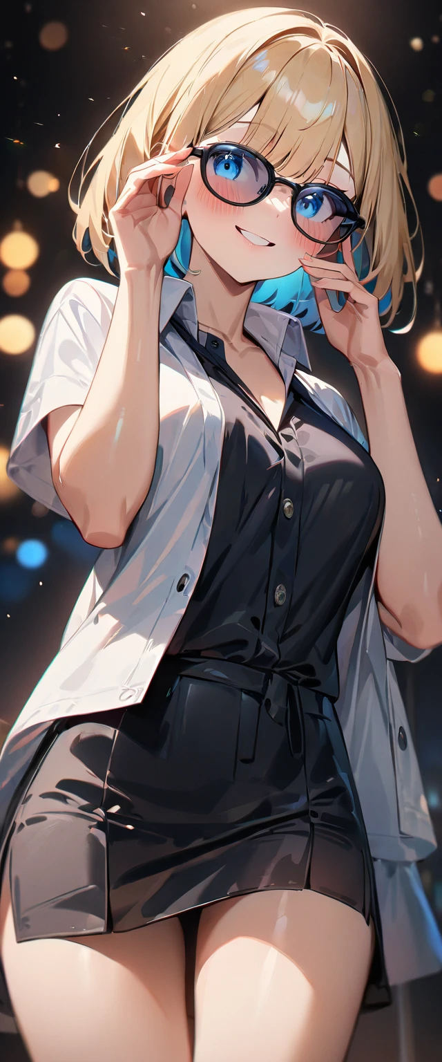 (((One Girl))), Blonde, Bobcut, (Cowboy Shot), ((sunglasses, hand to sunglasses)), (View your viewers), Focus on the face, ager, Tilt your head:1.3, (((blue eyes))), ((Smile)), ((blush)), Contrasting, Place one hand on hip, (((Exposed clothing))), School summer clothes, (((Open collar))), White shirt, ((Formal clothing)), skirt, Black vest, Anime Style, (Highest quality, 4K, 8K, High resolution, masterpiece:1.2, Super detailed, Super detailed eyes, High resolution, 超High resolution, Studio Lighting, Ultra-fine painting, Sharp focus, Physically Based Rendering, Very detailed explanation, Professional, Vibrant colors, Bokeh)