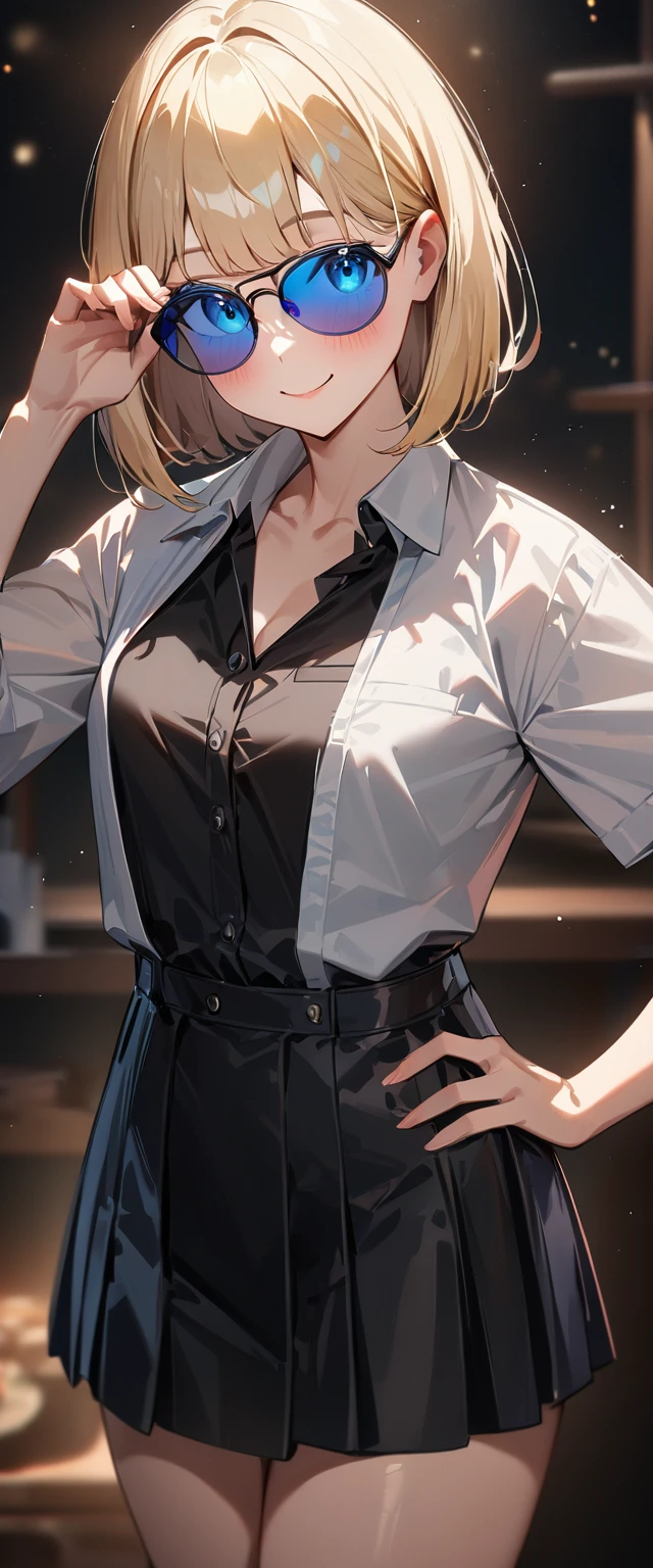 (((One Girl))), Blonde, Bobcut, (Cowboy Shot), ((sunglasses, hand to sunglasses)), (View your viewers), Focus on the face, ager, Tilt your head:1.3, (((blue eyes))), ((Smile)), ((blush)), Contrasting, Place one hand on hip, (((Exposed clothing))), School summer clothes, (((Open collar))), White shirt, ((Formal clothing)), skirt, Black vest, Anime Style, (Highest quality, 4K, 8K, High resolution, masterpiece:1.2, Super detailed, Super detailed eyes, High resolution, 超High resolution, Studio Lighting, Ultra-fine painting, Sharp focus, Physically Based Rendering, Very detailed explanation, Professional, Vibrant colors, Bokeh)