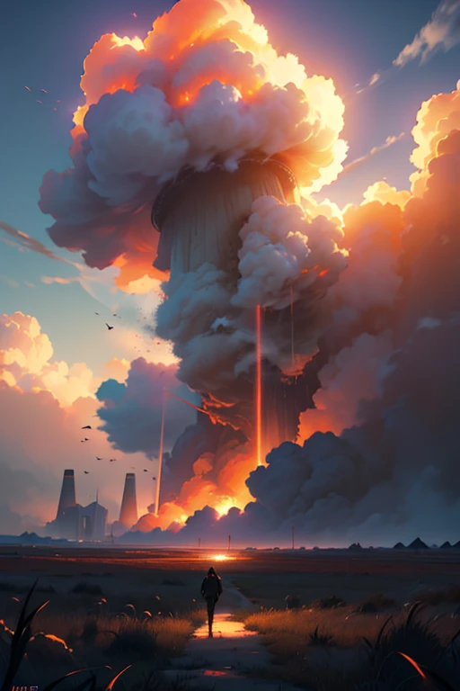 a colossal mushroom cloud erupting from a nuclear explosion,vast grassy field in the foreground, blue sky with red-tinted clouds in the background, apocalyptic scene, highly detailed, photorealistic, dynamic lighting, volumetric effects, cinematic composition, (best quality,8k,highres,masterpiece:1.2),ultra-detailed,(realistic,photorealistic,photo-realistic:1.37),dramatic atmosphere,cinematic framing,wide angle lens,dramatic lighting,hyper-realistic,cinematic color grading,dramatic composition,stunning visuals
