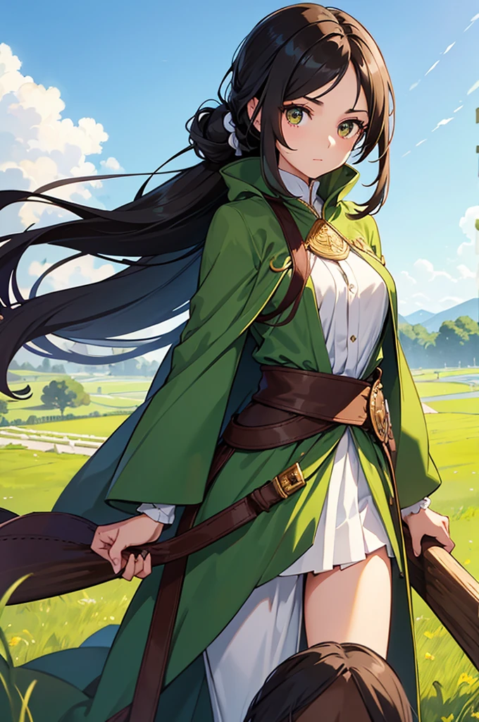 Tall slim brunette woman, She has long hair, hair up, hairstyle with side bangs. , big brown eyes eyelashes not very long, oval face short thin eyebrows , .He is wearing a green exploration lejin-style cape.,a white pantalon. Rides a horse in the field green grass and blue sky 