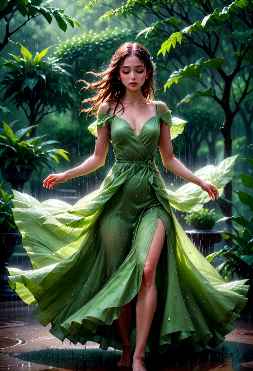 1girl, Dancing in the Rain, A woman dancing in the rain, elegant and graceful, raindrops sparkling on her skin, long flowing dress billowing in the wind, serene expression, peaceful atmosphere, natural lighting, lush green foliage in the background, moody and atmospheric, ethereal and dreamlike, cinematic composition, high-quality detailed rendering, 8k, hyper-detailed, masterpiece, best quality, very aesthetic, absurdres