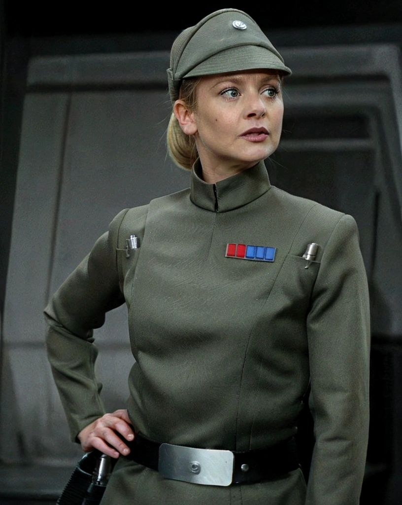 Melissa Joan Hart, in olive green imperial officer uniform and hat, blonde short ponytail, tiny freckles