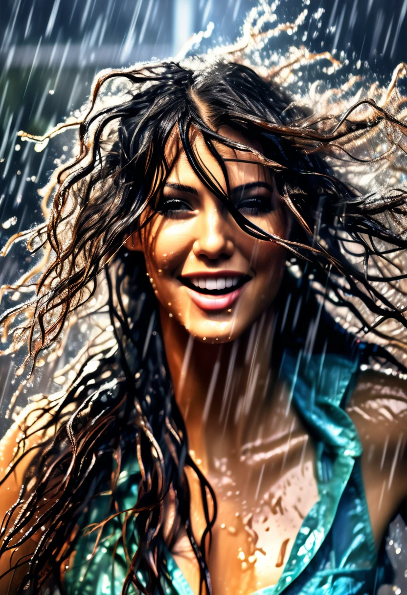 A beautiful woman dancing in heavy rain, wet face, wet body, messy hair, high resolution, ultra-detailed, extremely detailed, 