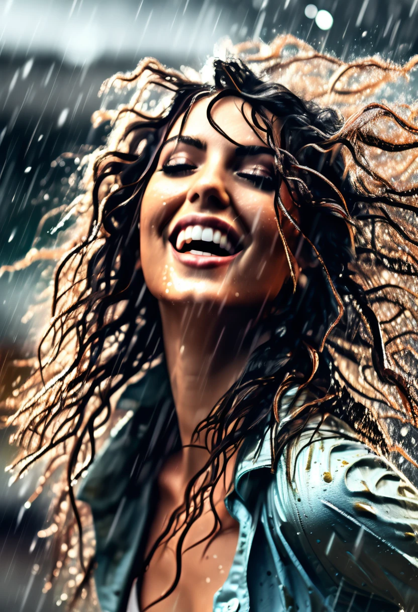 A beautiful woman dancing in heavy rain, wet face, wet body, messy hair, high resolution, ultra-detailed, extremely detailed, 