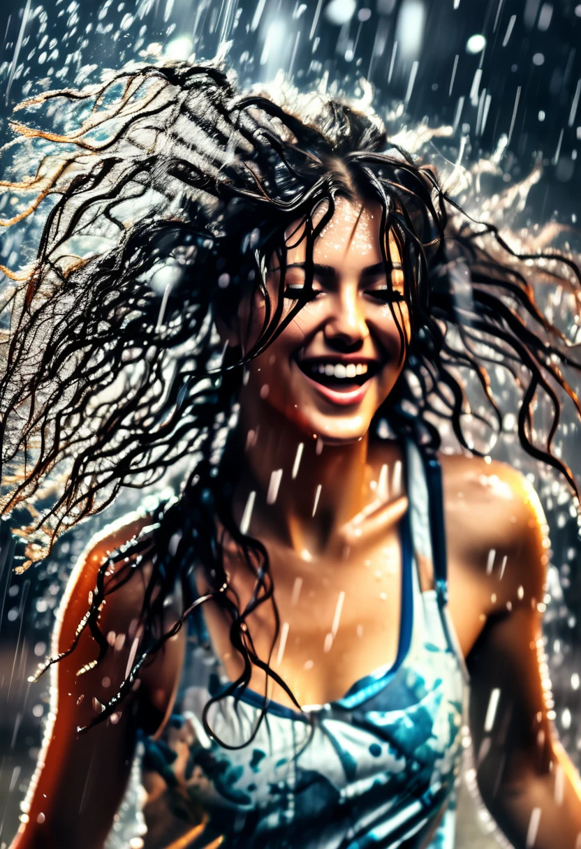 A beautiful woman dancing in heavy rain, wet face, wet body, messy hair, high resolution, ultra-detailed, extremely detailed, 