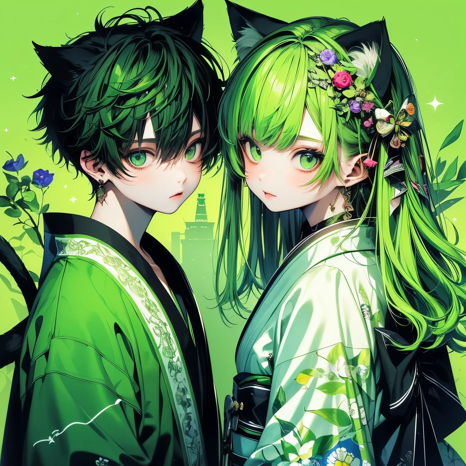 (masterpiece), Highest quality, Ultra-high resolution,Cat with green ribbon、Green Hair、Green Eyes、Green clothes、（boy:2.0）、cool、（Hairstyle Wolf:1.3）、Tanabata、（milky way:1.3）、Gorgeous kimono、Sad expression、Wish、Fantasy