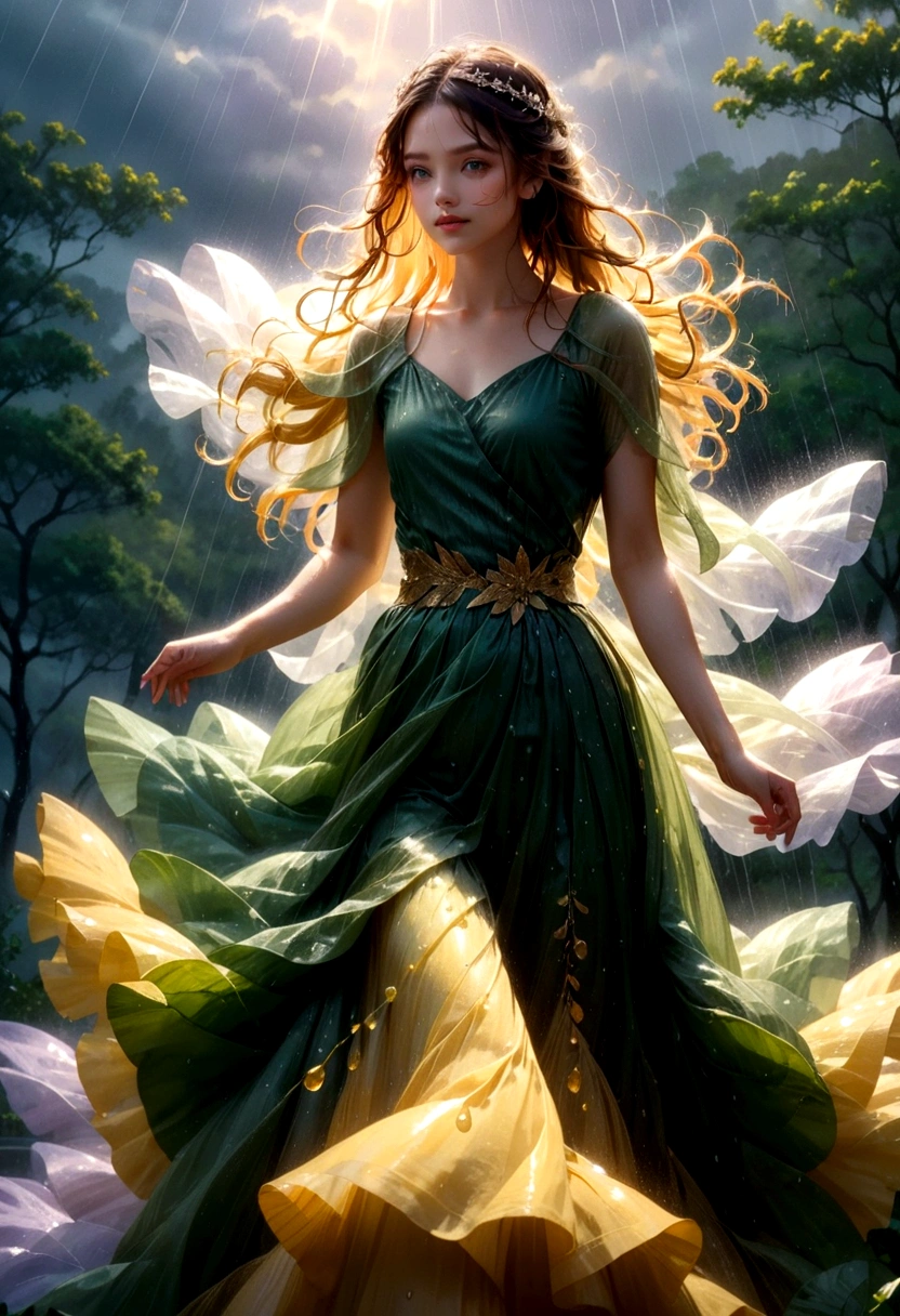1girl, Dancing in the Rain, A woman dancing in the rain, elegant and graceful, raindrops sparkling on her skin, long flowing dress billowing in the wind, serene expression, peaceful atmosphere, natural lighting, lush green foliage in the background, moody and atmospheric, ethereal and dreamlike, cinematic composition, high-quality detailed rendering, 8k, hyper-detailed, masterpiece, best quality, very aesthetic, absurdres