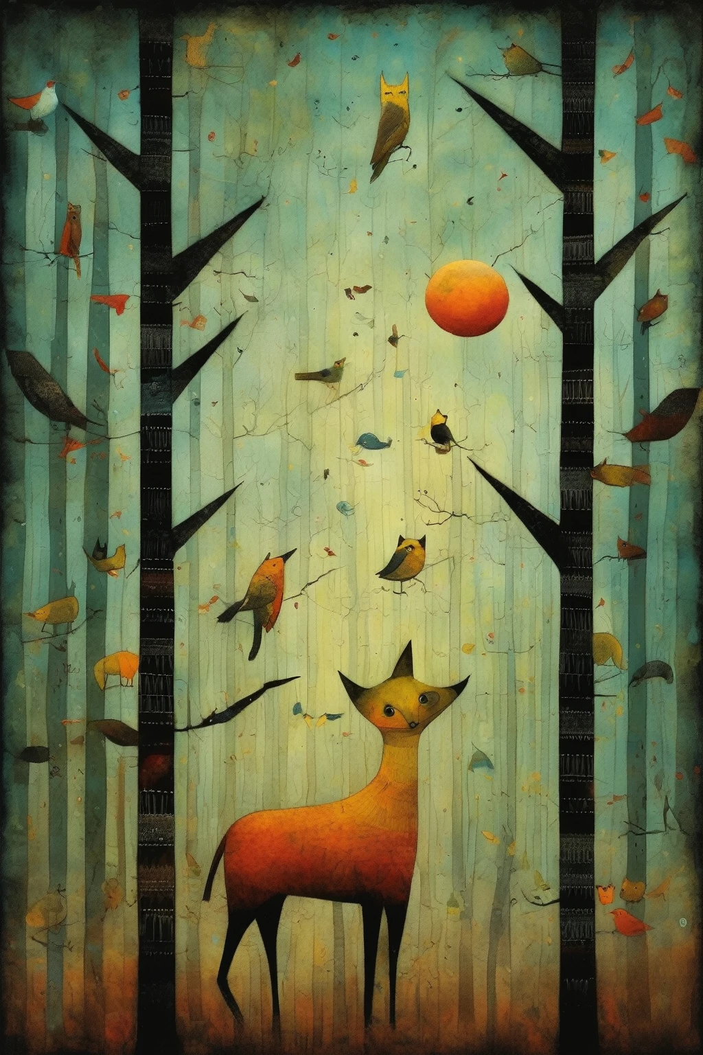 Tracy Grimwood Style - In the style of Andy Kehoe and Paul Klee『Many animals in the forest』、Masterpiece、