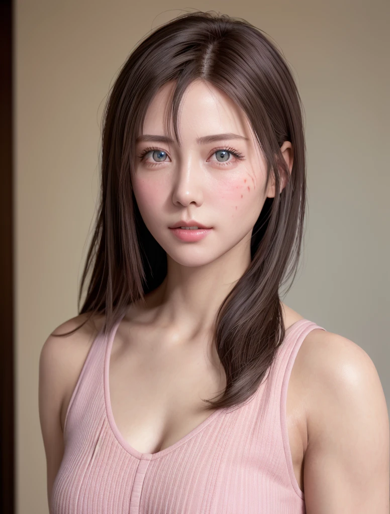 8K, Best Quality, masutepiece, Ultra High Resolution, (Realism: 1.4), Original photo, (Realistic skin texture: 1.3), (Film grain: 1.3), (Selfie angle), 1 girl, Pink clothes, Sapphire colored eyes and beautiful facial details, masutepiece, Best Quality, close-up, Upper body top quality image quality pull-up