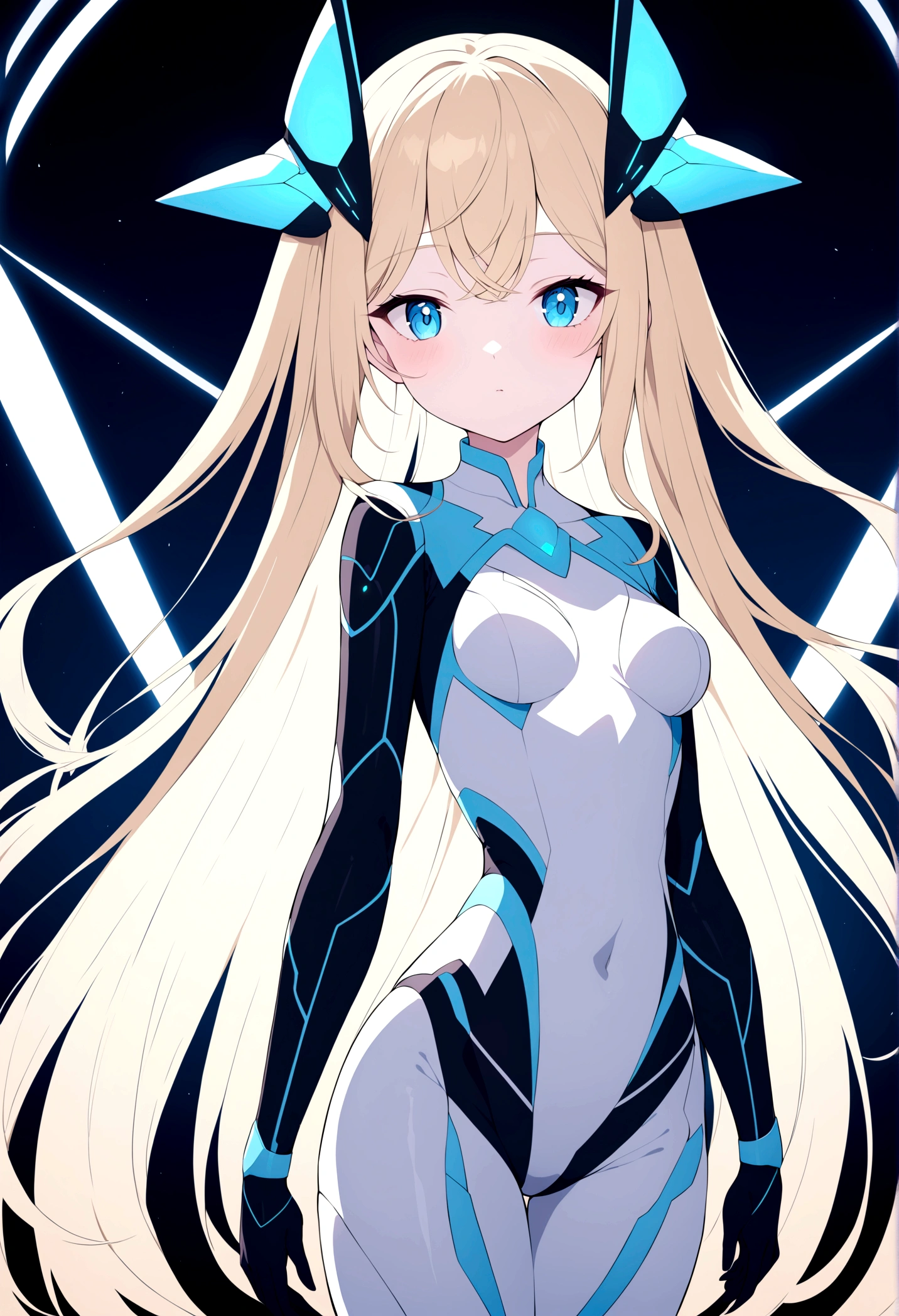 a futuristic magicalgirl, blond long hair, blue eyes, wearing a tight fitting clearly futuristic magicalgirl outfit