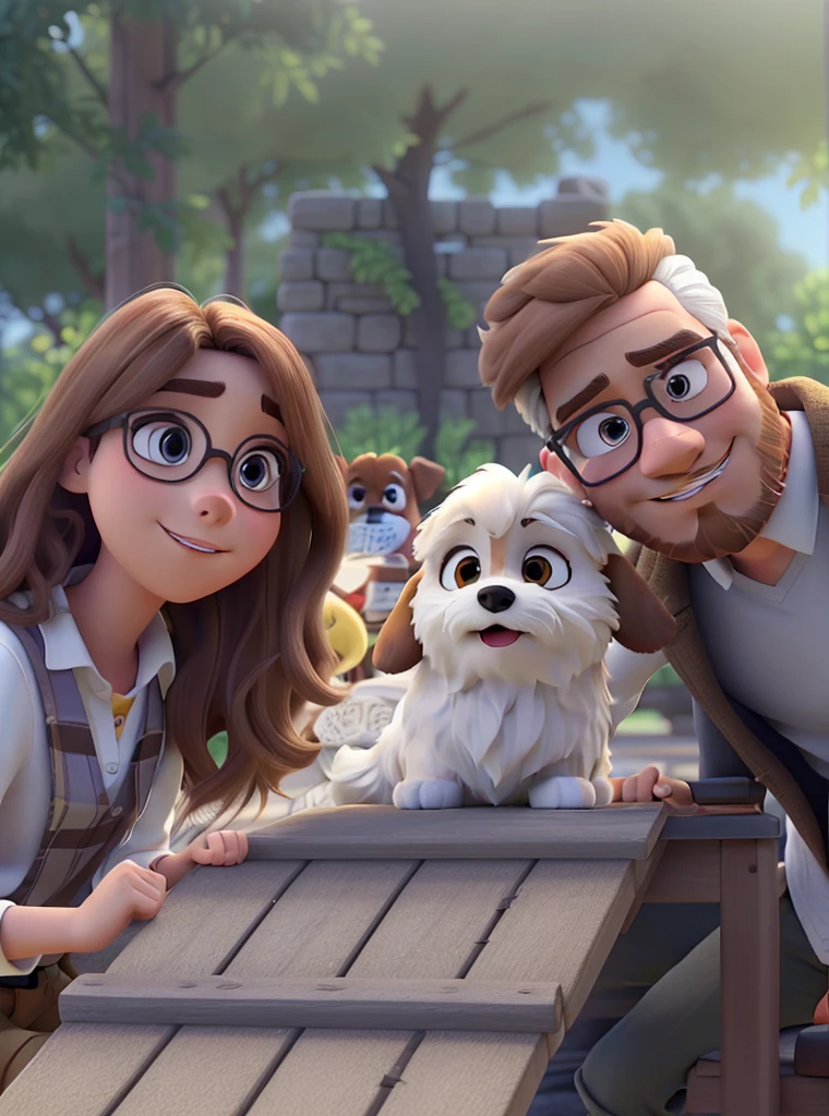 A man with white skin and brown hair with a beard, in the middle a ShiTzu dog in white with brown color and a light woman with blonde hair. in disney pixar style, high qualiy, best qualityer
