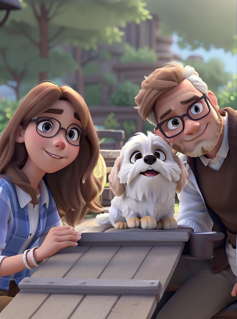 A man with white skin and brown hair with a beard, in the middle a ShiTzu dog in white with brown color and a light woman with blonde hair. in disney pixar style, high qualiy, best qualityer