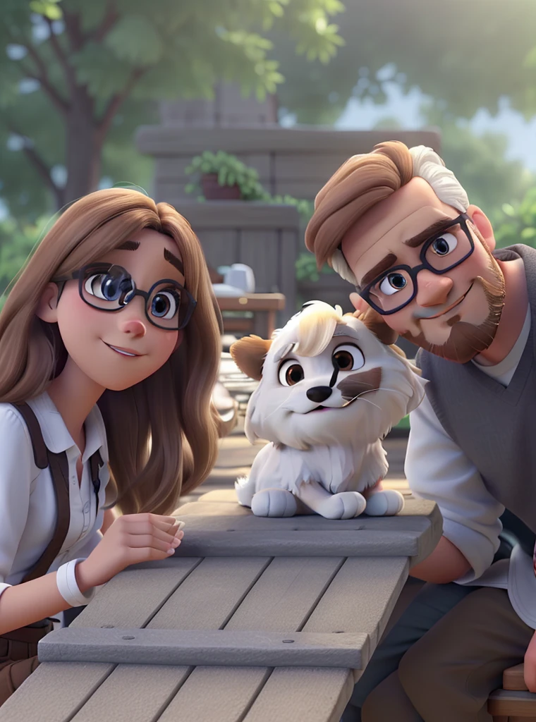 A man with white skin and brown hair with a beard, in the middle a ShiTzu dog in white with brown color and a light woman with blonde hair. in disney pixar style, high qualiy, best qualityer