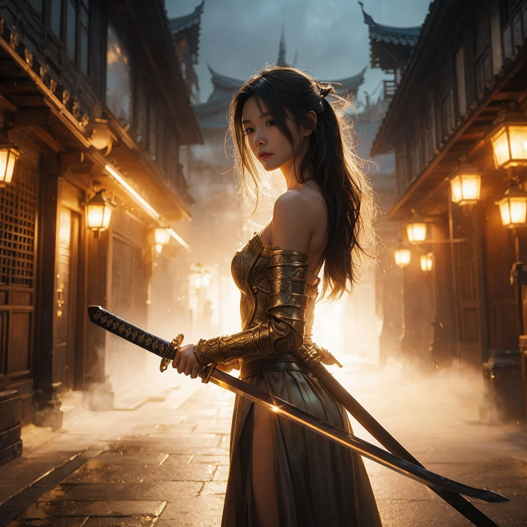 Asian woman with a light golden glow sword standing on the ground in front of a building, she is holding a sword in action pose, epic fantasy art style, she is holding a katana sword, long sword in her hand, epic fantasy art style hd, fantasy art style, with large sword, great art with details, epic fantasy style, cinematic, night scene with lentern light, smoke fog effect, very realistic, ultra detailed, photorealistic, ultra high definition, 16k