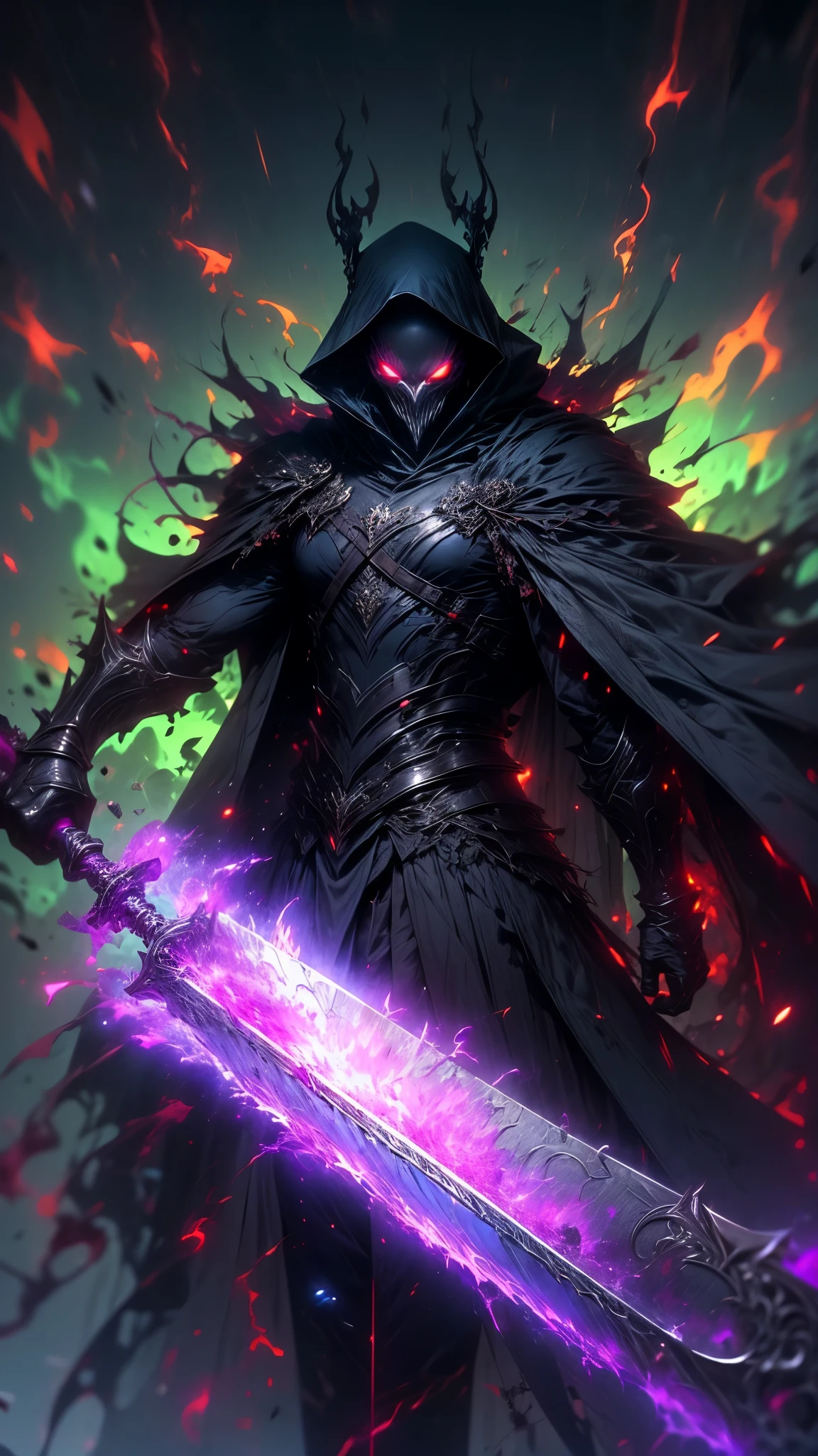 A dark and ominous creature, a god of death with a black crown, red glowing eyes, dynamic point of view, a fantasy character with a large torn black cape, wearing black and torn clothes, holding a magic sword with a blue and green aura around it, magical effects surrounding the sword, dark evening outdoor background on a dark plain