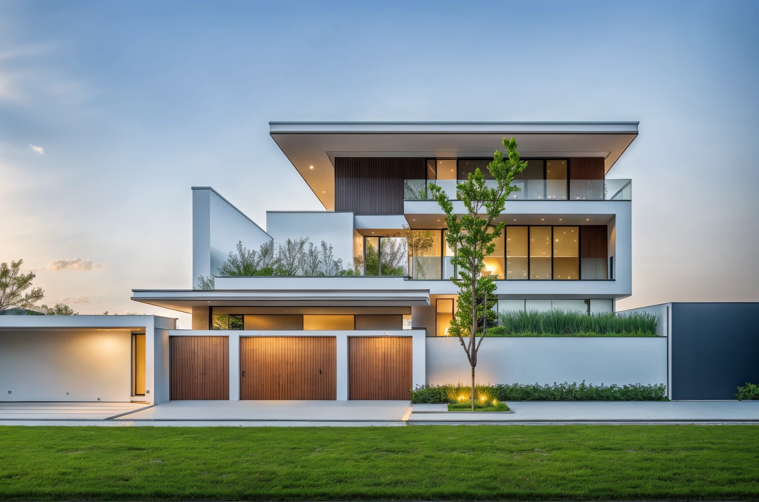 1 morden house, cofe space:1.4, main material by white wall and wood, large yard, 1 road runs in front of the house,  (RAW photo, real, best quality, masterpiece:1.2), look morden minimalist, 1 road in front of the house, shime ring light, light brighteness from indoor:1.2, dynamic lighting:1.3, (hyper realistic, photo-realistic:1.2), high quality, (dark lighting:1.2), perfect lighting, archdaily