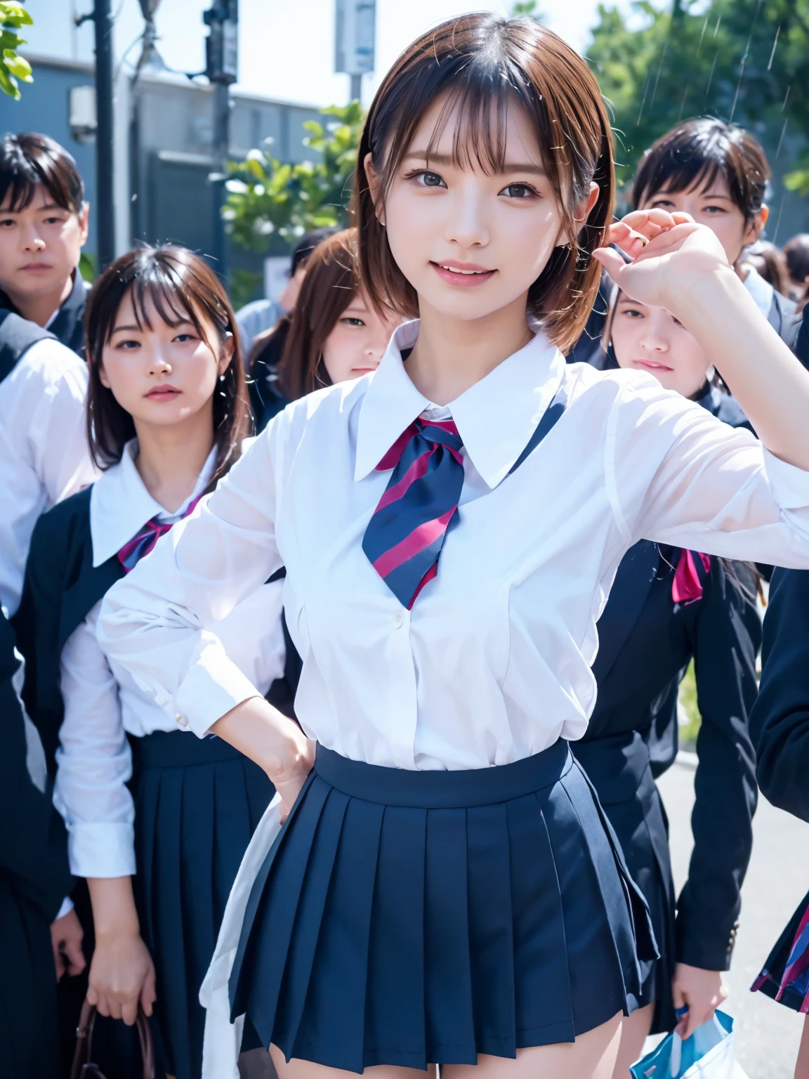 Tabletop, Highest quality, Japanese Girls,One Girl, 8K, RAW Photos, Highest quality, Tabletop, んdebtdebt:1.2, Highly detailed RAW color photos, Professional photos, (Realistic, Realistic:1.37), (Highly detailed skins:1.2), Ultra-high resolution, (Lenz 50mm), (debt/1.2),Exquisitely drawn eyes,Gazing at the audience,
Breaking up with a girl (Many elderly people:1.4), Beautiful Face, cute,(smile:1.05),(20-year-old, Big Breasts, Wide Hips,Straight hair, (short hair), iris, White, fine-grained skin,Small Mouth, high cheekbones (meaning), Sexy pose,Leaning forward,(The to the debtW:1.1),White panties、Korean Idol、Nogizaka idol、Burning idol pose、Adult、、(Tabletop, Highest quality:1.3), (ultra detailed 8k cg:1.2), (超Realisticな:1.35), (Realistic:1.45), (Realistic:1.4), Cowboy Shot,
Beautiful Japanese Woman, 22 years old, Supermodel, Japanese Idols, __performance__, Big Breasts, (school uniform:1.4)、 [ponytail],,Positive,Cowboy Shot,Dancing in the Rain