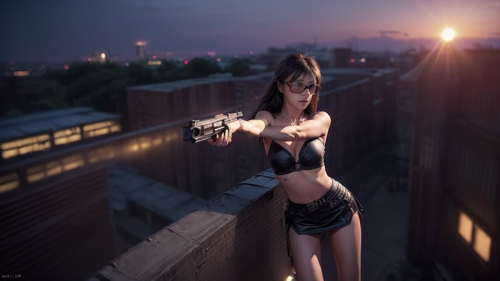 (((At night, ((very dark sunset sky)), (((1girl, solo))), a western woman, photo realistic, large-breast:1.2 slim body, cleavage, off tube top, short pleated miniskirt, standing on rooftop, (matrix style black sunglasses), (((aiming towards viewer with a short:0.8 pistol))), half-body thigh level medium:1.2 shot))). In the background, simple aerial view of a sci-fi futuristic city, neon light, (((flying vehicle speeding towards viewer))).