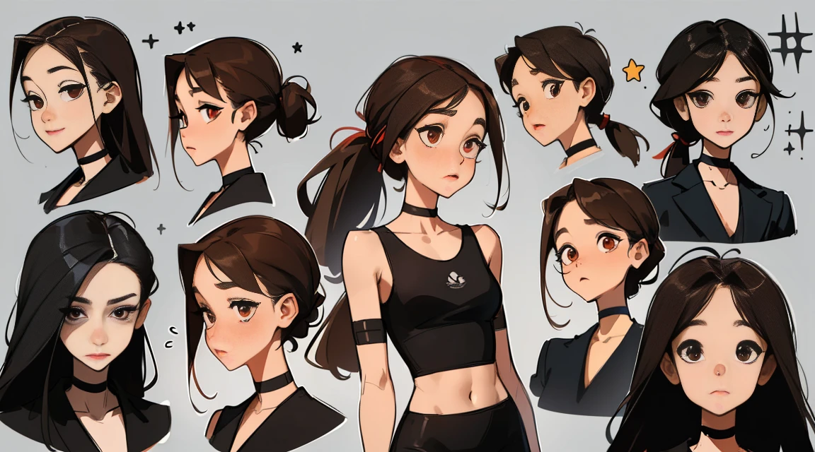 ((masterpiece, best quality)), detailed face, character sheet, Telegraph slang, Full of details., Multiple Poses and Expression, very detailed, depth, many parts, 1st son,For 6 years old  :3, Long hair in brown single ponytail， Black crop top， mitt, stockings, black choker, red eyes, star (symbol), pupils in symbol shapes