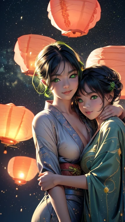 nsfw, Masterpiece, top quality, highly detailed, (Photorealistic style:1.4), Chiaroscuro style, backlighting, 2 girls, A lesbian couple in yukata, (Hug from behind, and put hand on bust, bust shot:1.6), looking at the camera with a smile, (A close-up of their beautiful faces, green eyes:1.8), (Lots of fireworks all over the sky, Many Lanterns floating in the sky, big shining milky way:1.4),