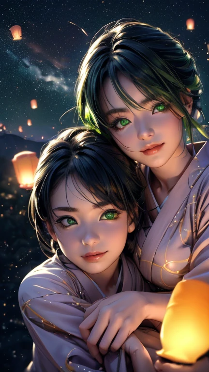 nsfw, Masterpiece, top quality, highly detailed, (Photorealistic style:1.4), Chiaroscuro style, backlighting, 2 girls, A lesbian couple in yukata, (Hug from behind, and put hand on bust, bust shot:1.6), looking at the camera with a smile, (A close-up of their beautiful faces,  green eyes:1.8), (Lots of fireworks all over the sky, Many Lanterns floating in the sky, big shining milky way:1.4),