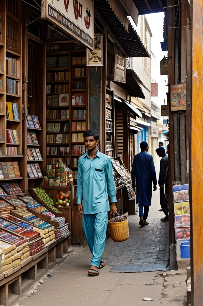 Umar a smaal boy  is wandering in the village market.  There are various shops in the market and people are shopping.  An old bookstore appears.