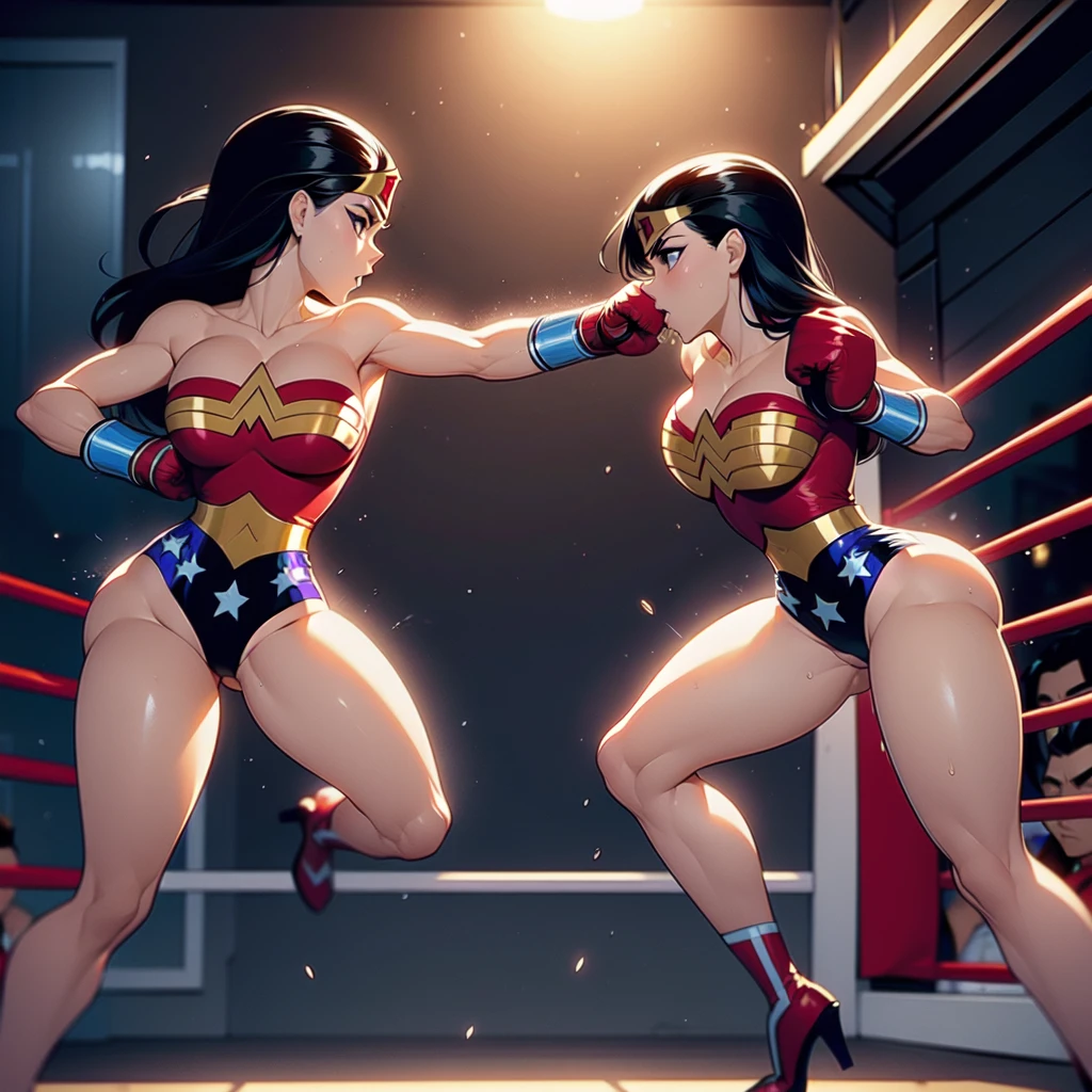 NSFW ,Side View , Fullbody shot , Female boxing Face to face, Wear wonderwoman leotard , So huge breasts.
